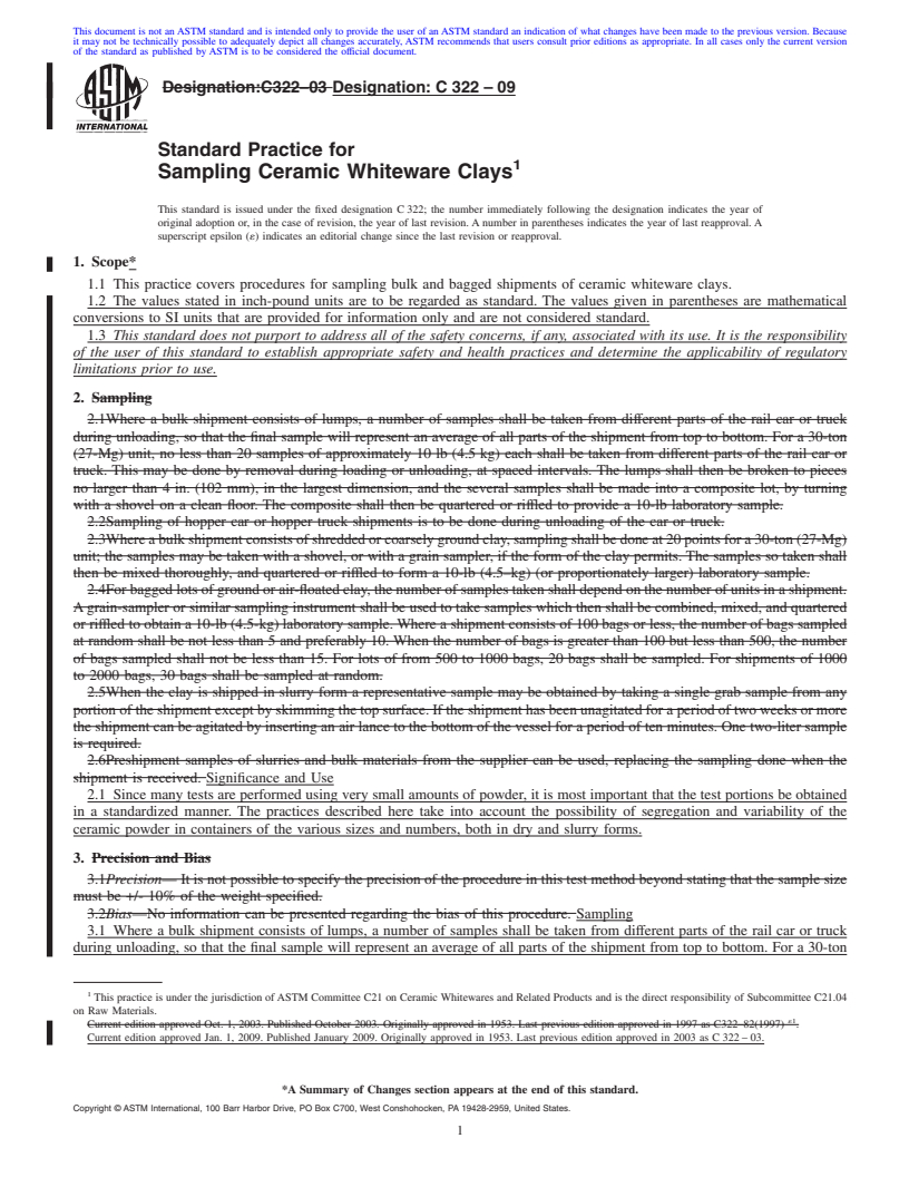 REDLINE ASTM C322-09 - Standard Practice for Sampling Ceramic Whiteware Clays