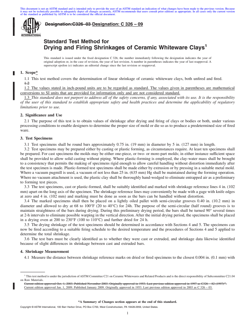 REDLINE ASTM C326-09 - Standard Test Method for Drying and Firing Shrinkages of Ceramic Whiteware Clays