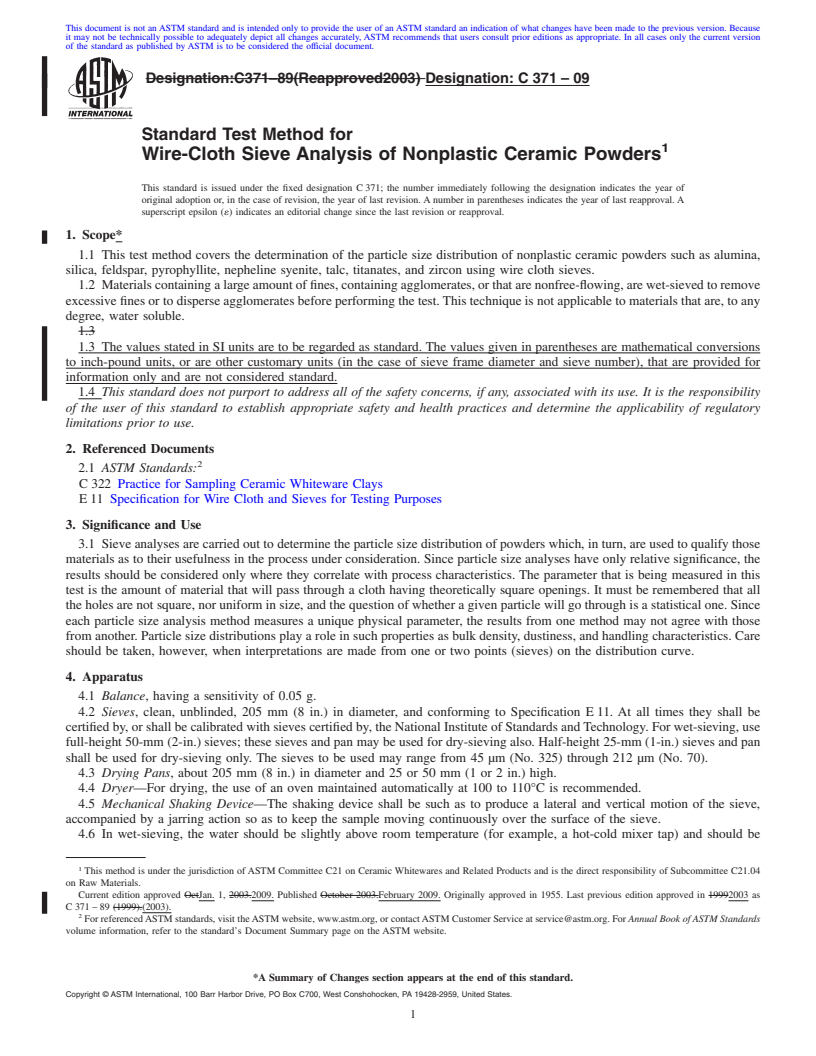 REDLINE ASTM C371-09 - Standard Test Method for Wire-Cloth Sieve Analysis of Nonplastic Ceramic Powders