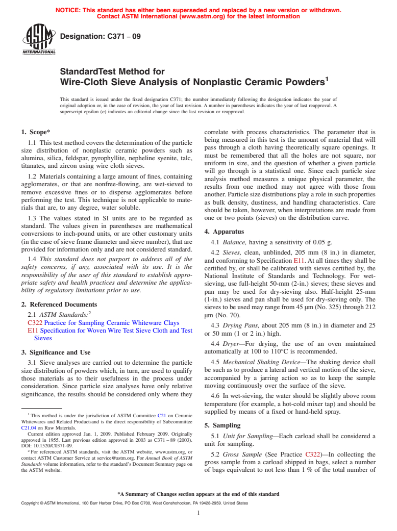 ASTM C371-09 - Standard Test Method for Wire-Cloth Sieve Analysis of Nonplastic Ceramic Powders