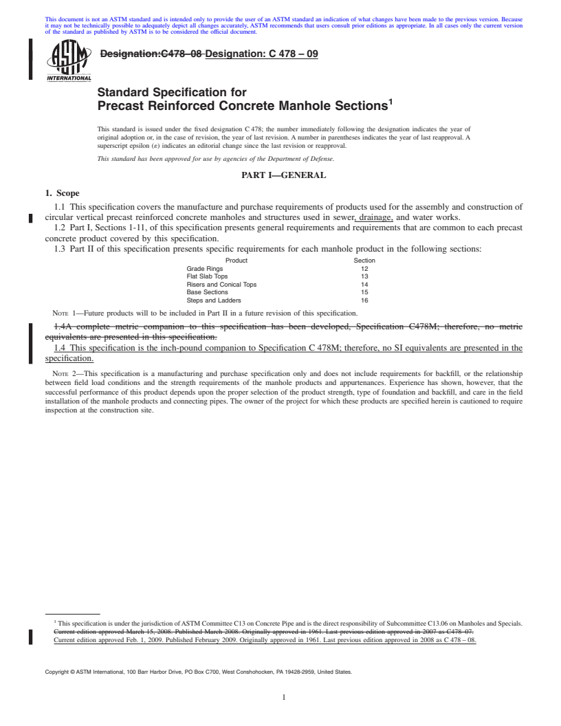 REDLINE ASTM C478-09 - Standard Specification for  Precast Reinforced Concrete Manhole Sections