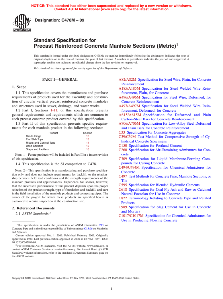 ASTM C478M-09 - Standard Specification for Precast Reinforced Concrete Manhole Sections (Metric)