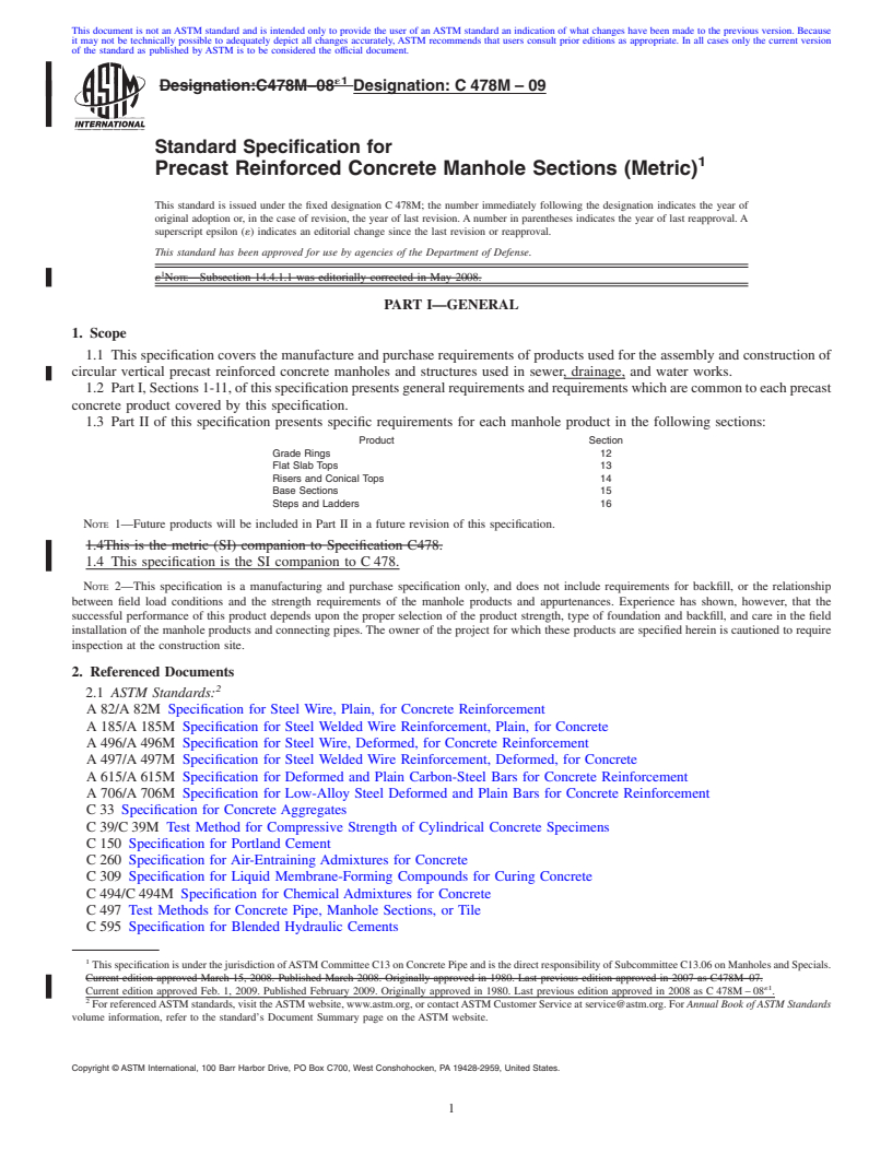 REDLINE ASTM C478M-09 - Standard Specification for Precast Reinforced Concrete Manhole Sections (Metric)