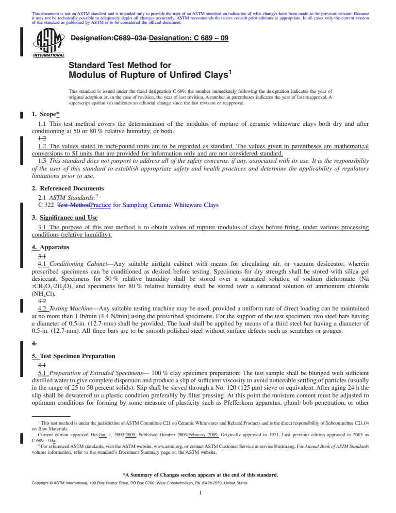 REDLINE ASTM C689-09 - Standard Test Method for Modulus of Rupture of Unfired Clays