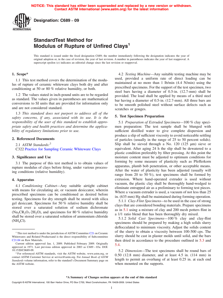 ASTM C689-09 - Standard Test Method for Modulus of Rupture of Unfired Clays