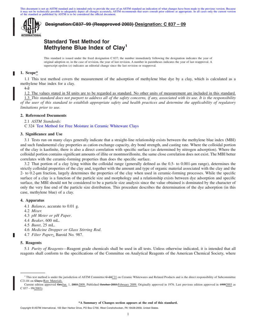 REDLINE ASTM C837-09 - Standard Test Method for Methylene Blue Index of Clay