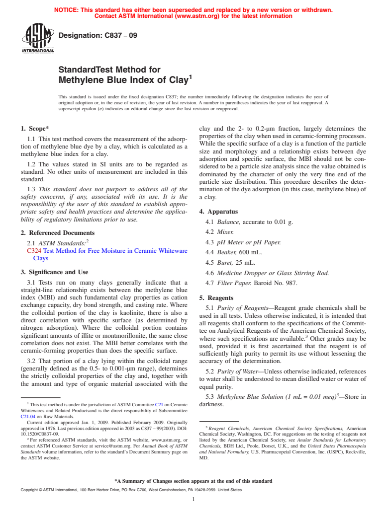 ASTM C837-09 - Standard Test Method for Methylene Blue Index of Clay