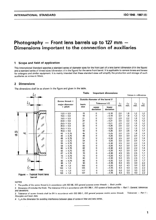 ISO 1948:1987 ISO 1948:1987 - Photography -- Front lens barrels up to 127 mm -- Dimensions important to the connection of auxiliaries - Page 3 preview