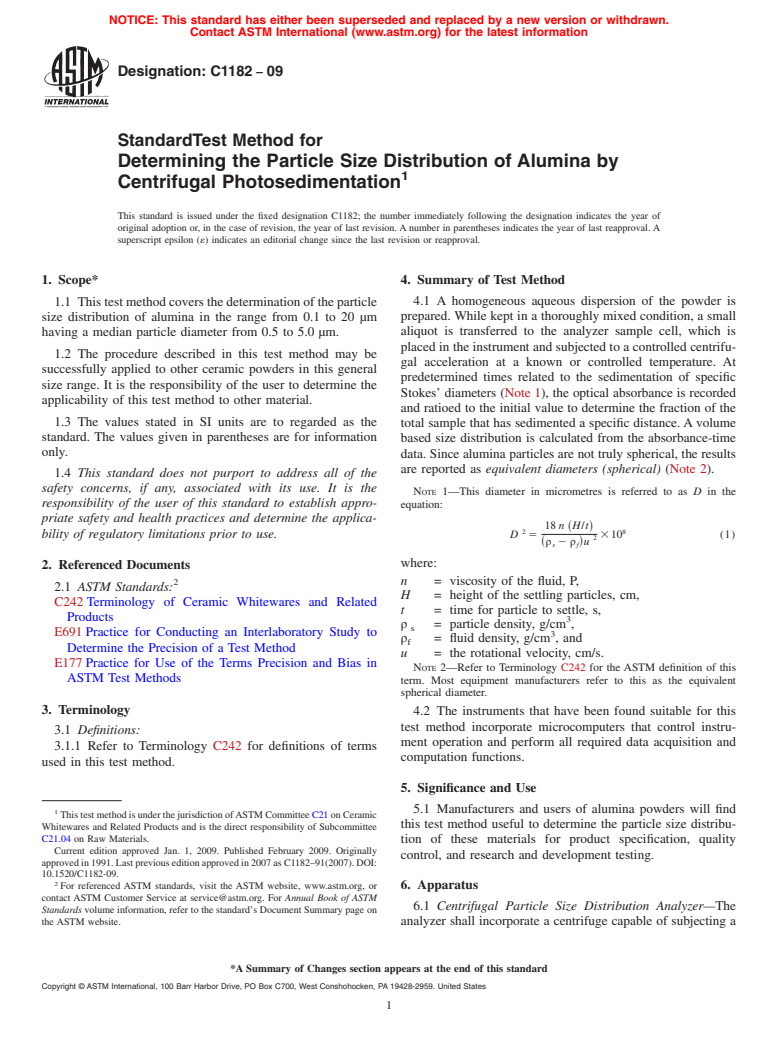 ASTM C1182-09 - Standard Test Method for Determining the Particle Size Distribution of Alumina by Centrifugal Photosedimentation