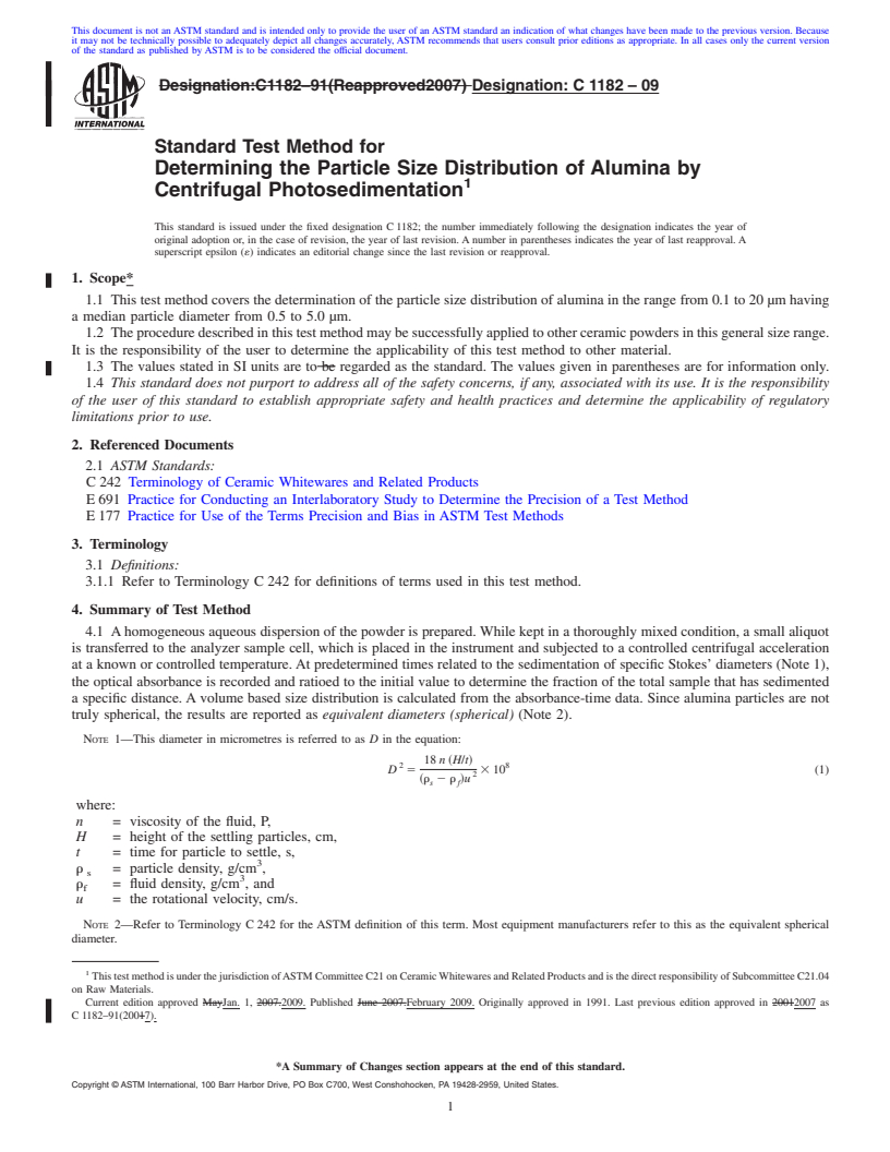 REDLINE ASTM C1182-09 - Standard Test Method for Determining the Particle Size Distribution of Alumina by Centrifugal Photosedimentation