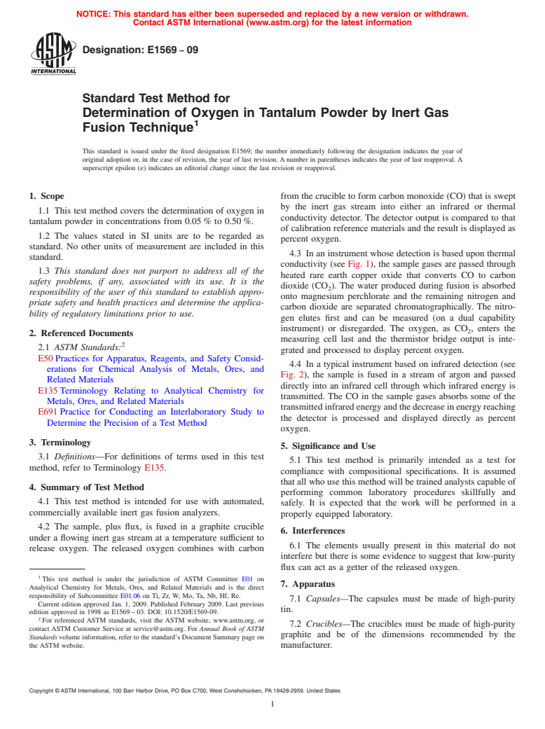 ASTM E1569-09 - Standard Test Method for Determination of Oxygen in Tantalum Powder by Inert Gas Fusion Technique (Withdrawn 2018)