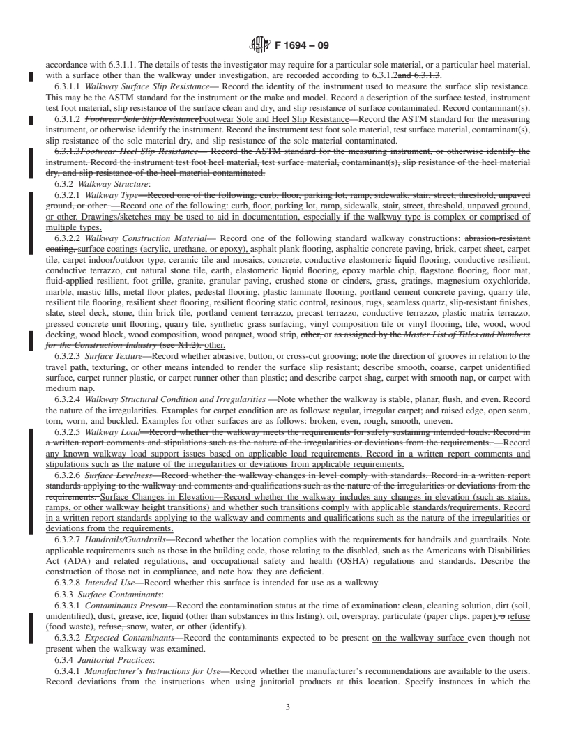 REDLINE ASTM F1694-09 - Standard Guide for  Composing Walkway Surface Investigation, Evaluation and Incident Report Forms for Slips, Stumbles, Trips, and Falls