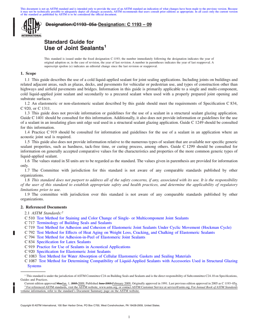 REDLINE ASTM C1193-09 - Standard Guide for Use of Joint Sealants