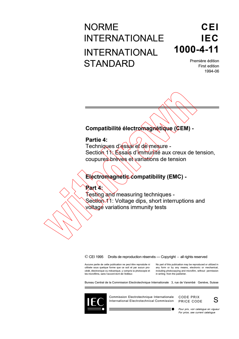 IEC 61000-4-11:1994 - Electromagnetic compatibility (EMC) - Part 4: Testing and measuring techniques - Section 11: Voltage dips, short interruptions and voltage variations immunity tests
Released:6/16/1994
Isbn:2831830281