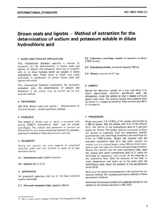 ISO 1952:1976 - Brown coals and lignites -- Method of extraction for the determination of sodium and potassium soluble in dilute hydrochloric acid