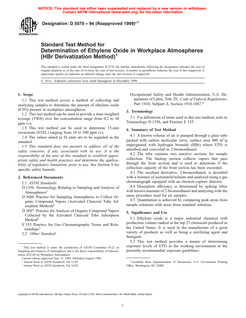 ASTM D5578-94(1999)e1 - Standard Test Method for Determination of Ethylene Oxide in Workplace Atmospheres (HBr Derivatization Method)