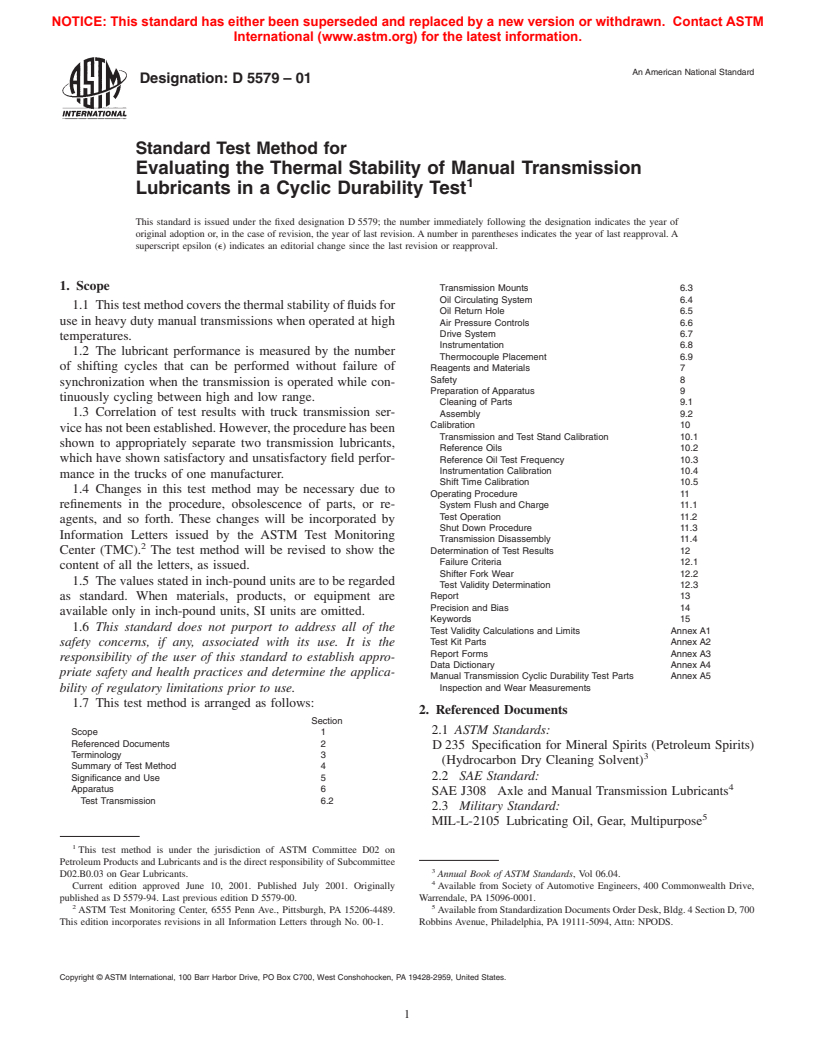 ASTM D5579-01 - Standard Test Method for Evaluating the Thermal Stability of Manual Transmission Lubricants in a Cyclic Durability Test