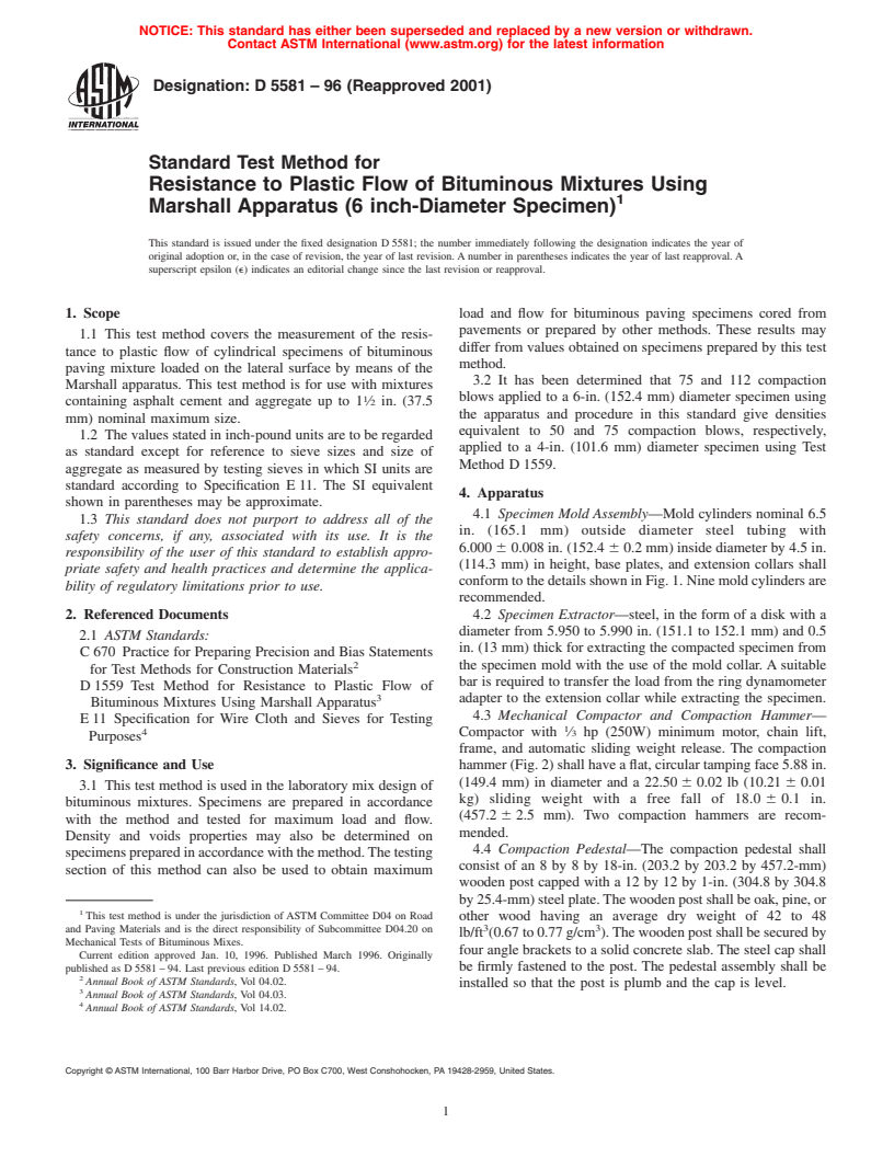 ASTM D5581-96(2001) - Standard Test Method for Resistance to Plastic Flow of Bituminous Mixtures Using Marshall Apparatus (6 inch-Diameter Specimen)