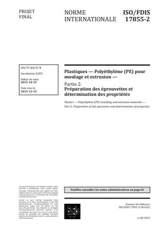 ISO 17855-2:2016 - Plastiques -- Polyéthylene (PE) pour moulage et extrusion
