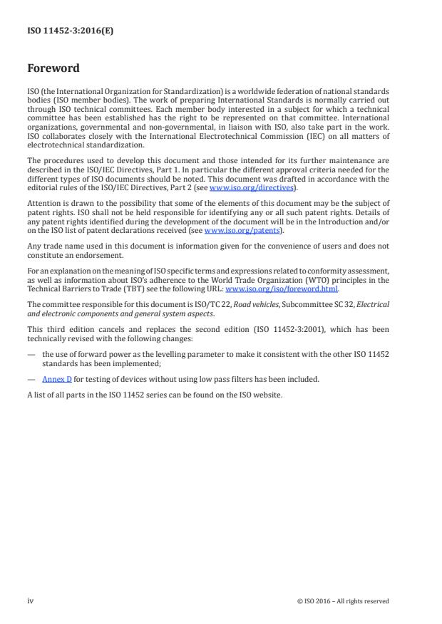 ISO 11452-3:2016 ISO 11452-3:2016 - Road vehicles -- Component test methods for electrical disturbances from narrowband radiated electromagnetic energy - Page 4 preview