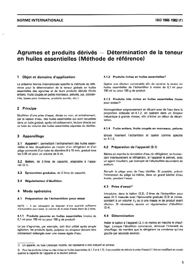 ISO 1955:1982 - Agrumes et produits dérivés -- Détermination de la teneur en huiles essentielles (Méthode de référence)