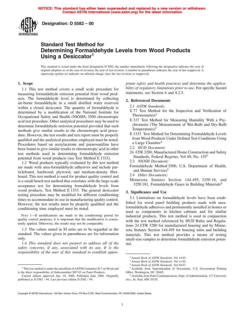 ASTM D5582-00 - Standard Test Method for Determining Formaldehyde Levels from Wood Products Using a Desiccator