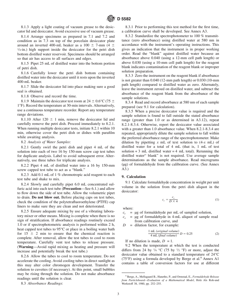 ASTM D5582-00 - Standard Test Method for Determining Formaldehyde Levels from Wood Products Using a Desiccator