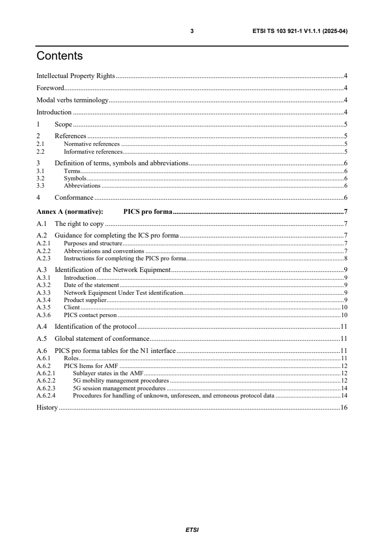 ETSI TS 103 921-1 V1.1.1 (2025-04) - Core Network and Interoperability Testing (INT); 5G NAS Conformance Testing for the N1 interface; (3GPPTM Release 16); Part 1: Protocol Implementation Conformance Statement (PICS)