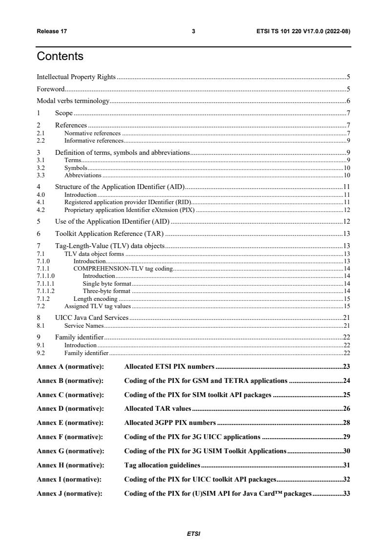 ETSI TS 101 220 V17.0.0 (2022-08) - Smart Cards; ETSI numbering system for telecommunication application providers (Release 17)