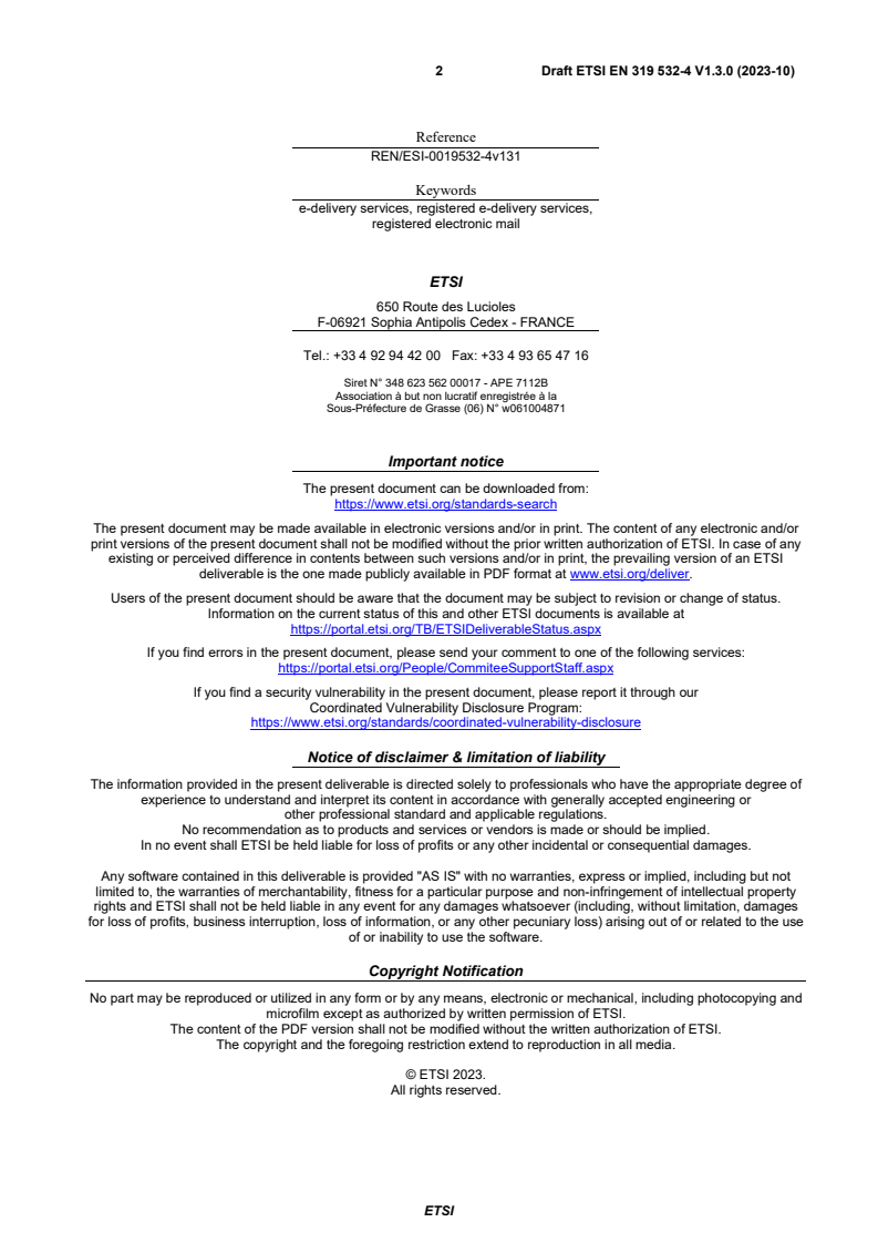 ETSI EN 319 532-4 V1.3.0 (2023-10) - Electronic Signatures and Infrastructures (ESI); Registered Electronic Mail (REM) Services; Part 4: Interoperability profiles - Page 2 preview