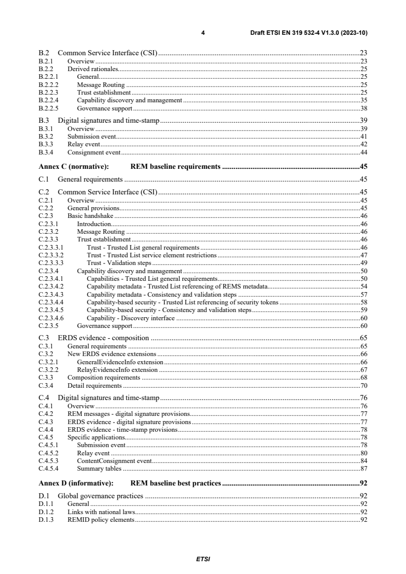 ETSI EN 319 532-4 V1.3.0 (2023-10) - Electronic Signatures and Infrastructures (ESI); Registered Electronic Mail (REM) Services; Part 4: Interoperability profiles - Page 4 preview
