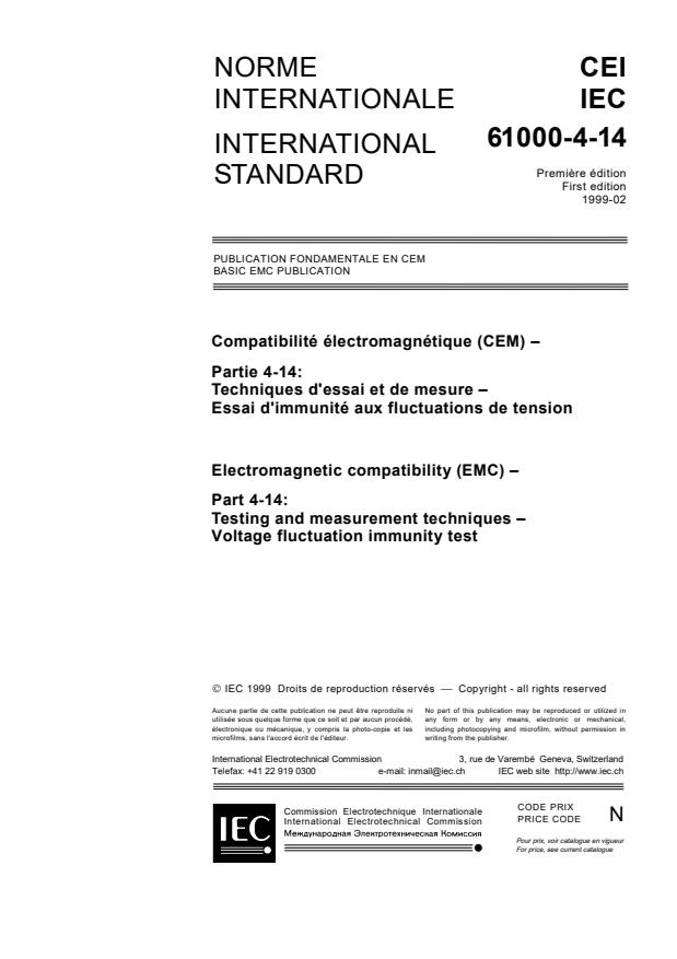IEC 61000-4-14:1999 - Electromagnetic compatibility (EMC) - Part 4-14: Testing and measurement techniques - Voltage fluctuation immunity test
