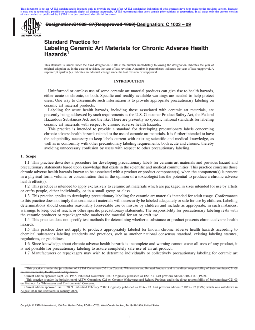 REDLINE ASTM C1023-09 - Standard Practice for Labeling Ceramic Art Materials for Chronic Adverse Health Hazards