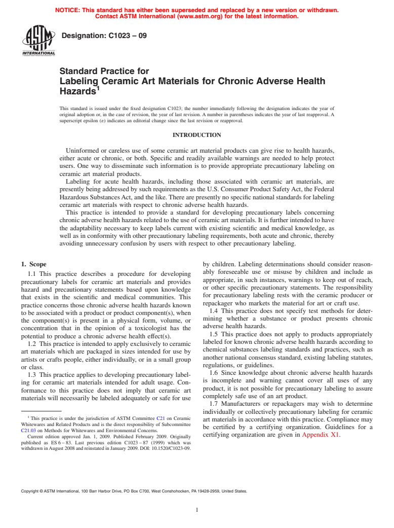 ASTM C1023-09 - Standard Practice for Labeling Ceramic Art Materials for Chronic Adverse Health Hazards