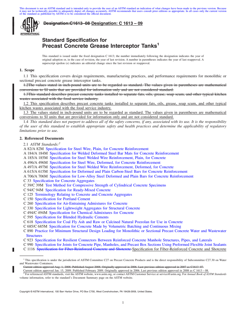 REDLINE ASTM C1613-09 - Standard Specification for Precast Concrete Grease Interceptor Tanks