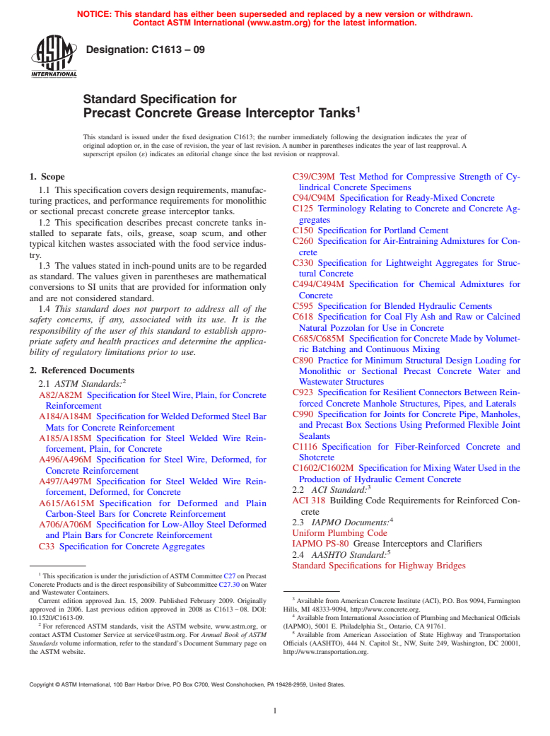 ASTM C1613-09 - Standard Specification for Precast Concrete Grease Interceptor Tanks