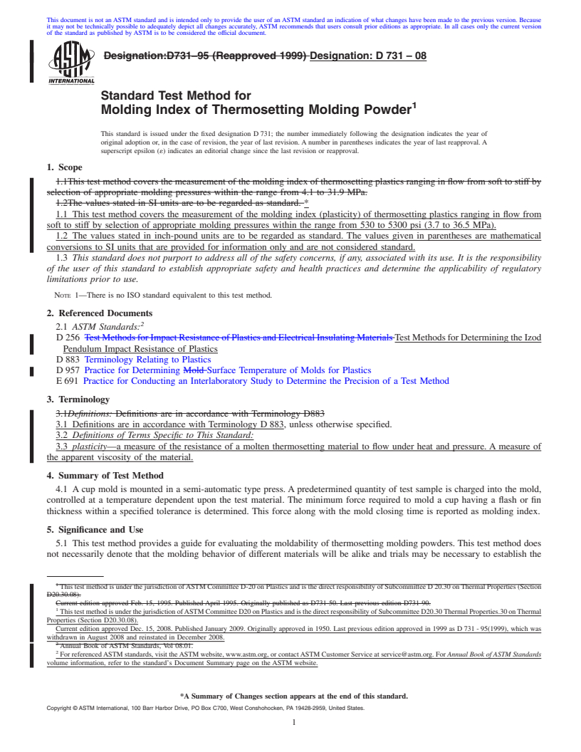 REDLINE ASTM D731-08 - Standard Test Method for Molding Index of Thermosetting Molding Powder