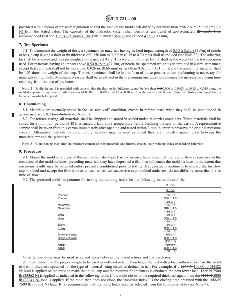 REDLINE ASTM D731-08 - Standard Test Method for Molding Index of Thermosetting Molding Powder