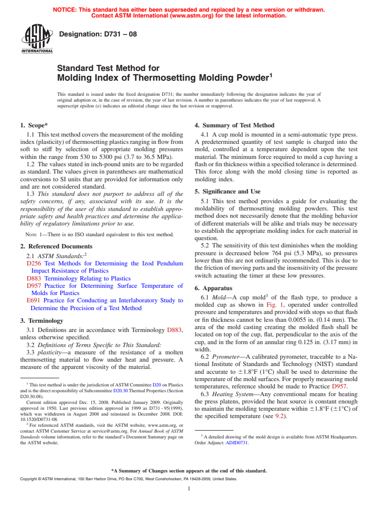 ASTM D731-08 - Standard Test Method for Molding Index of Thermosetting Molding Powder