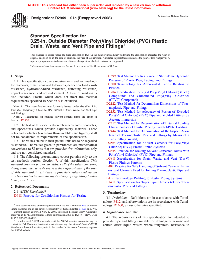 ASTM D2949-01a(2008) - Standard Specification for 3.25-in. Outside Diameter Poly(Vinyl Chloride) (PVC) Plastic Drain, Waste, and Vent Pipe and Fittings