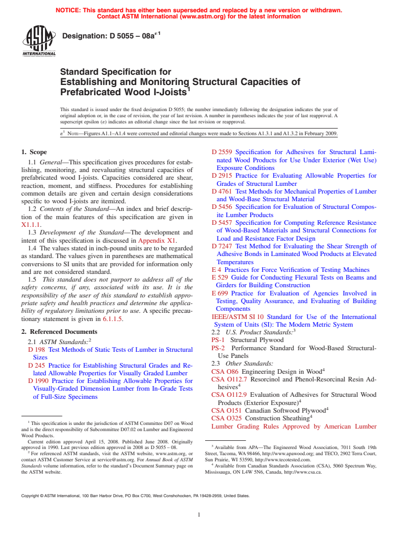 ASTM D5055-08ae1 - Standard Specification for Establishing and Monitoring Structural Capacities of Prefabricated Wood I-Joists