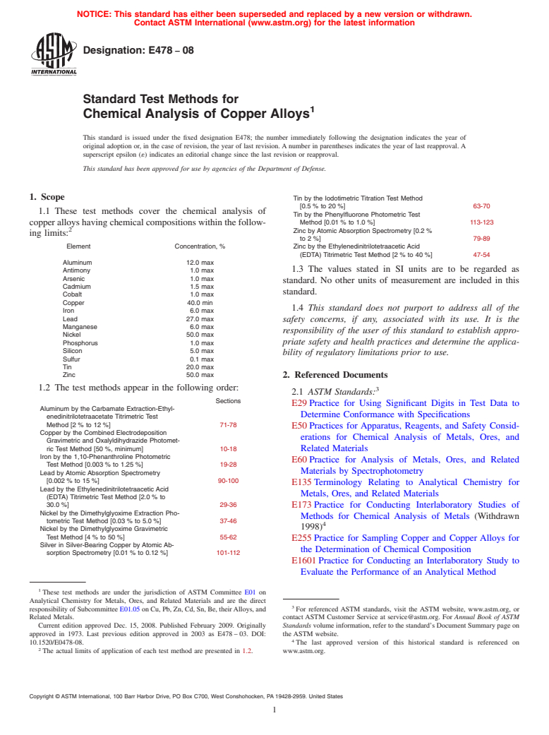 ASTM E478-08 - Standard Test Methods for Chemical Analysis of Copper Alloys