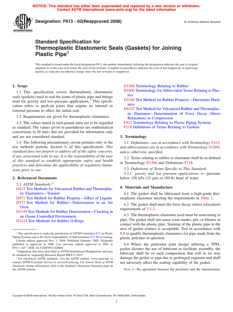 ASTM F913-02(2008) - Standard Specification for Thermoplastic Elastomeric Seals (Gaskets) for Joining Plastic Pipe