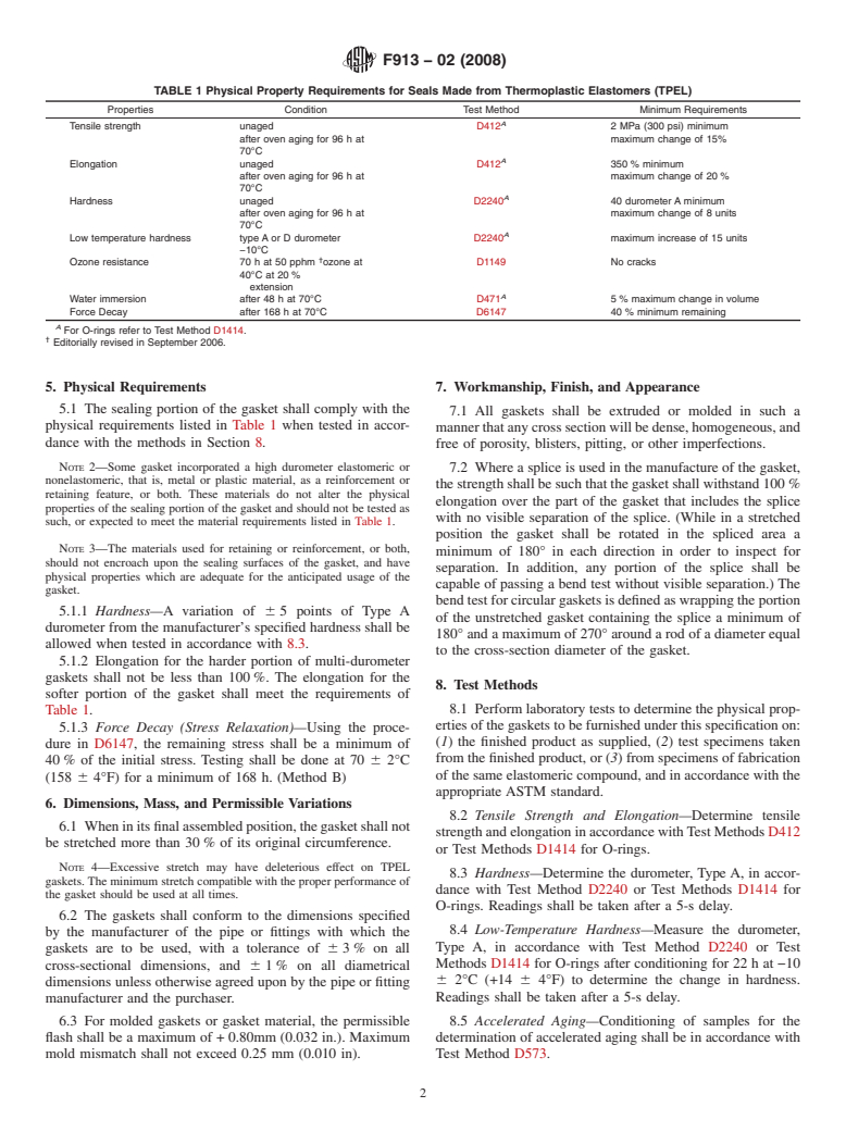 ASTM F913-02(2008) - Standard Specification for Thermoplastic Elastomeric Seals (Gaskets) for Joining Plastic Pipe