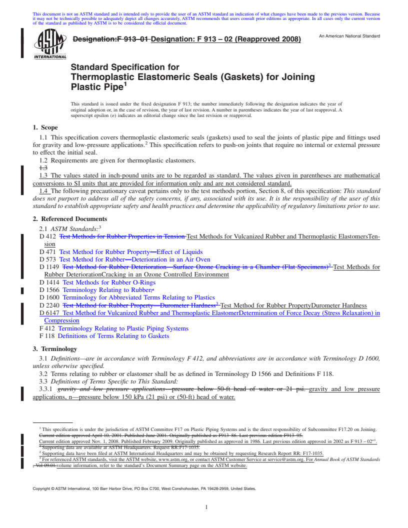 REDLINE ASTM F913-02(2008) - Standard Specification for Thermoplastic Elastomeric Seals (Gaskets) for Joining Plastic Pipe