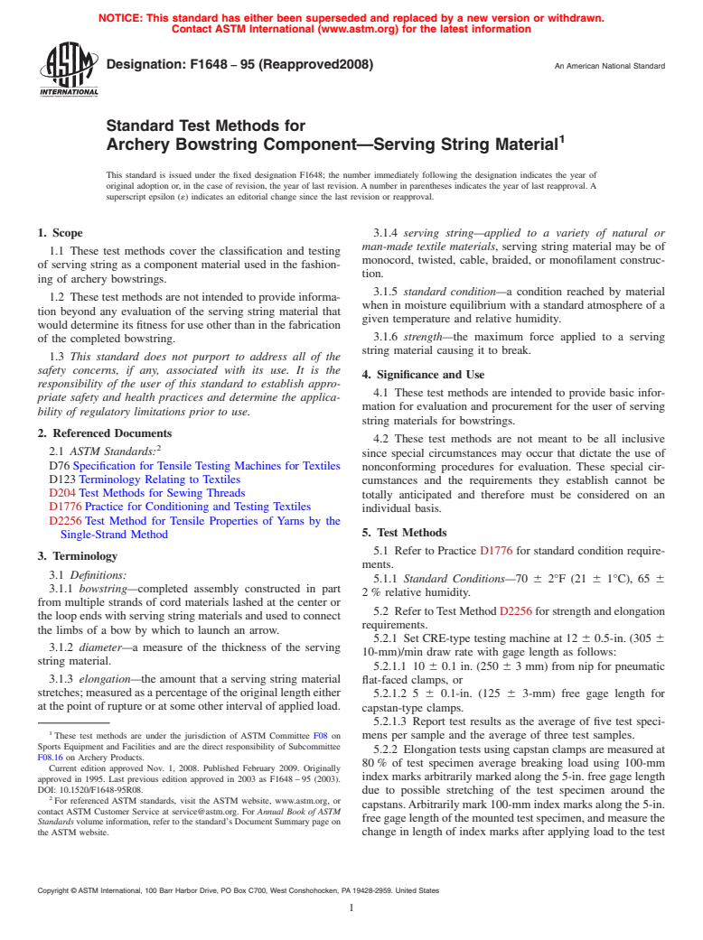 ASTM F1648-95(2008) - Standard Test Methods for Archery Bowstring Component-Serving String Material