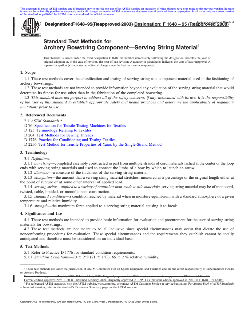 REDLINE ASTM F1648-95(2008) - Standard Test Methods for Archery Bowstring Component-Serving String Material