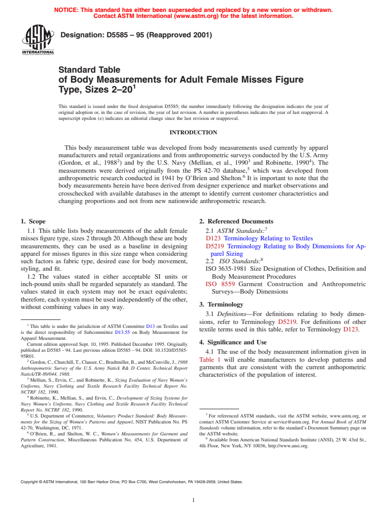 ASTM D5585-95(2001) - Standard Table of Body Measurements for Adult Female Misses Figure Type, Sizes 2-20 (Withdrawn 2010)