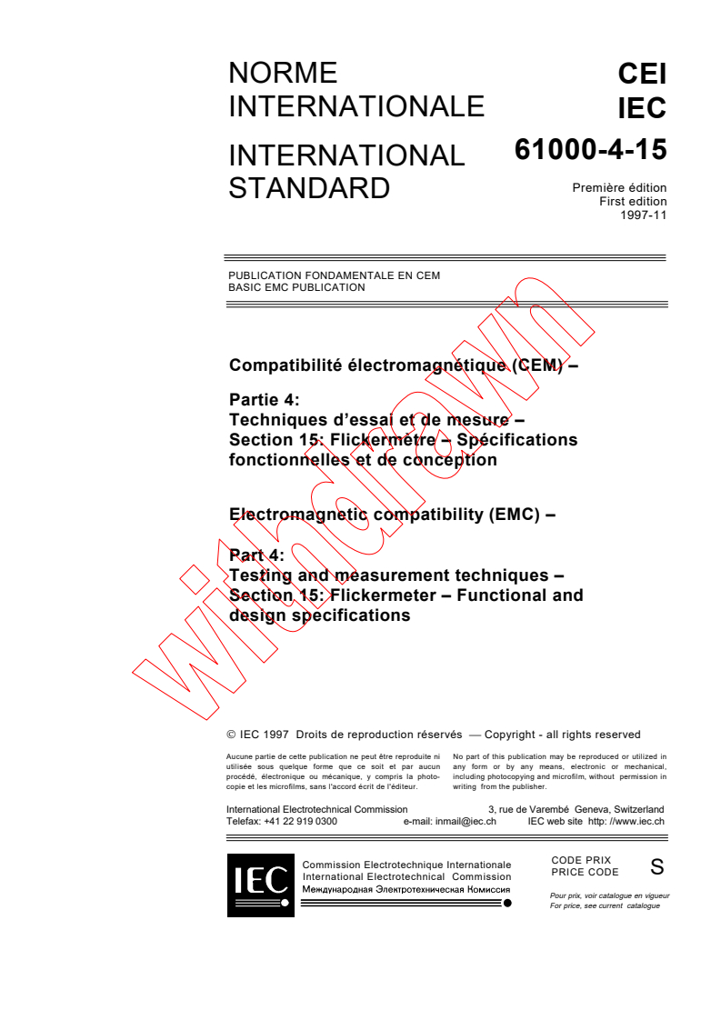 IEC 61000-4-15:1997 - Electromagnetic compatibility (EMC) - Part 4: Testing and measurement techniques - Section 15: Flickermeter - Functional and design specifications
Released:11/18/1997
Isbn:2831840864