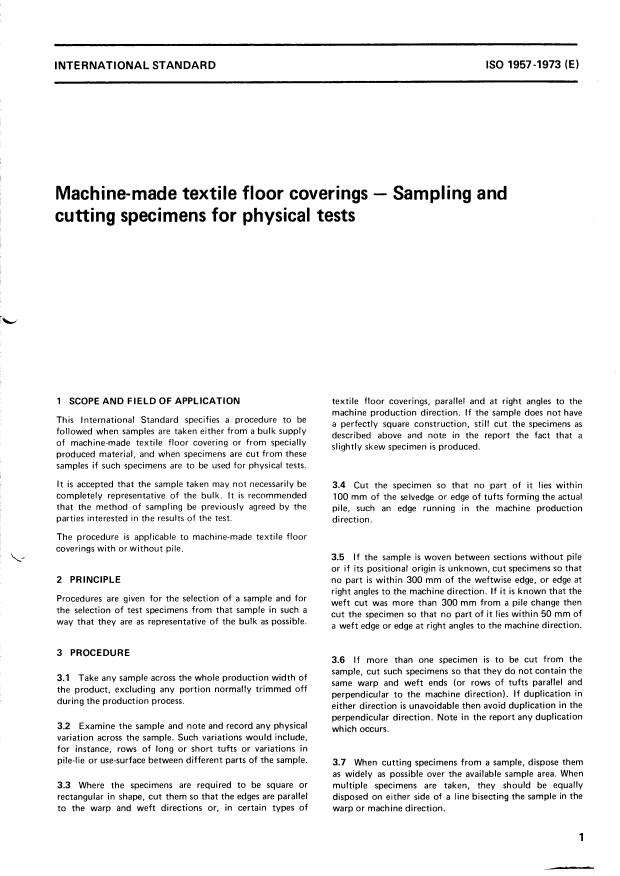 ISO 1957:1973 - Machine-made textile floor coverings -- Sampling and cutting specimens for physical tests of machine made textile floor coverings